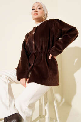 Pazarium - Bel Lastikli Düğmeli Goldfox Ceket Kahve