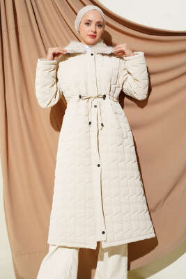 Kürk Yakalı Fermuarlı Uzun Kapitone Mont Taş - Thumbnail