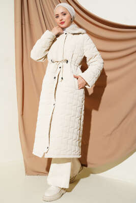 Kürk Yakalı Fermuarlı Uzun Kapitone Mont Taş - Thumbnail