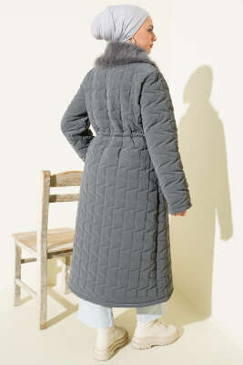 Kürk Yakalı Fermuarlı Uzun Kapitone Mont Füme - Thumbnail