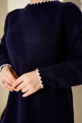 Çoban Dikiş Detaylı Triko Tunik Lacivert - Thumbnail