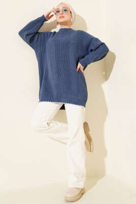 Çoban Dikiş Detaylı Triko Tunik İndigo - Thumbnail