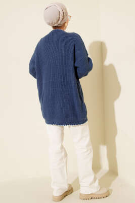 Çoban Dikiş Detaylı Triko Tunik İndigo - Thumbnail
