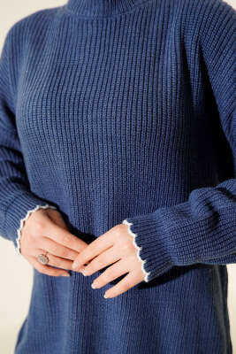 Çoban Dikiş Detaylı Triko Tunik İndigo - Thumbnail