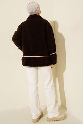 Biye Şeritli Peluş Mont Kahve - Thumbnail