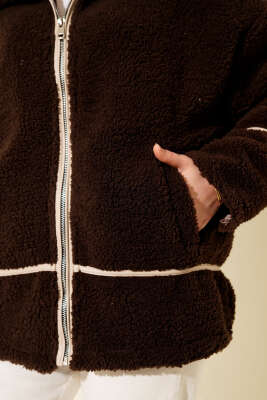 Biye Şeritli Peluş Mont Kahve - Thumbnail