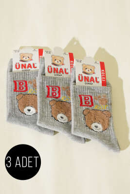 Pazarium - Kadın 3'lü Figürlü Yumoş Soket Çorap Asorti 10
