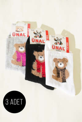 Pazarium - Kadın 3'lü Figürlü Yumoş Soket Çorap Asorti 4
