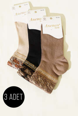 Pazarium - Kadın 3'lü Taş Detaylı Kısa Konç Çorap Asorti 12