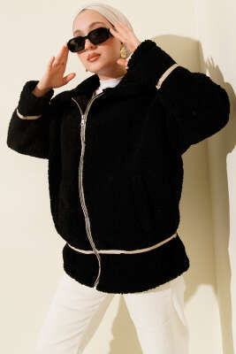 Biye Şeritli Peluş Mont Siyah - Thumbnail