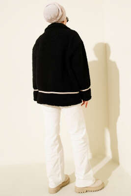 Biye Şeritli Peluş Mont Siyah - Thumbnail