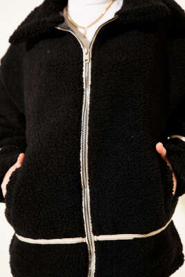 Biye Şeritli Peluş Mont Siyah - Thumbnail