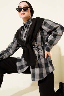 Pazarium - Atkı Detaylı Ekoseli Gömlek Antrasit