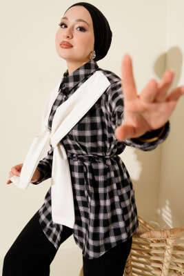 Pazarium - Atkı Detaylı Ekoseli Gömlek Siyah