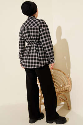 Atkı Detaylı Ekoseli Gömlek Siyah - Thumbnail