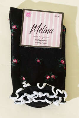 Kadın Çiçekli Fırfırlı Soket Çorap Siyah - Thumbnail