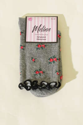 Kadın Çiçekli Fırfırlı Soket Çorap Gri - Thumbnail