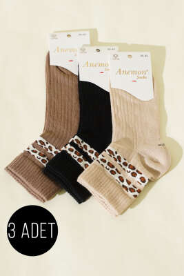 Pazarium - Kadın 3'lü Şerit Desen Kısa Konç Çorap Asorti 2