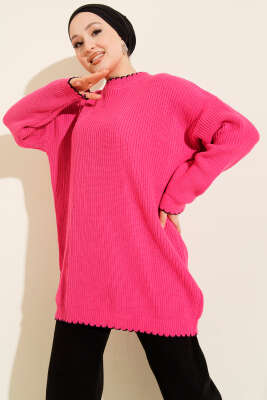 Pazarium - Çoban Dikiş Detaylı Triko Tunik Fuşya