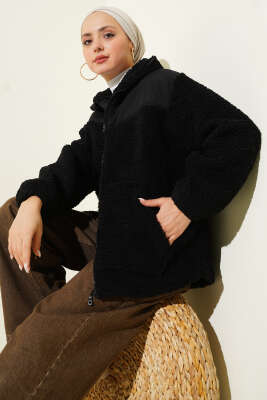 Pazarium - Garni Detaylı Fermuarlı Peluş Mont Siyah