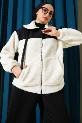 Garni Detaylı Fermuarlı Peluş Mont Ekru - Thumbnail