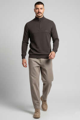 Selanik Yarım Fermuarlı Erkek Sweatshirt Acı Kahve - Thumbnail