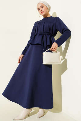 Pazarium - İp Kuşaklı Etekli Scuba İkili Takım Lacivert