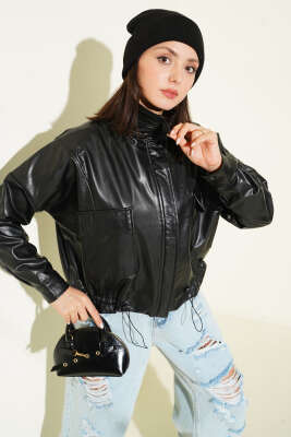 Fermuarlı Cep Kapaklı Kısa Deri Ceket Siyah - Thumbnail