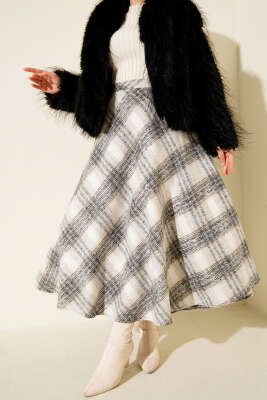 Pazarium - Ekose Desenli Kloş Kaşe Etek Gri