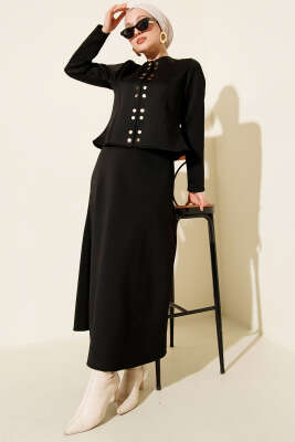 Pazarium - Çıtçıtlı Etekli Scuba İkili Takım Siyah