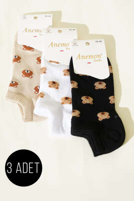 Pazarium - Kadın 3'lü Desenli Penye Patik Çorap Asorti 5