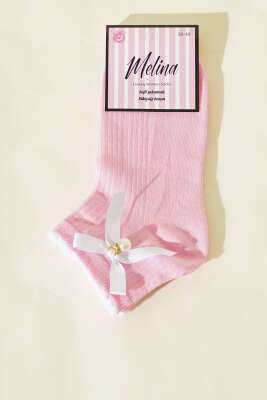 Pazarium - Kadın Fiyonklu İncili Soket Çorap Pembe