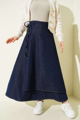 Pazarium - İp Yan Bağlamalı Kot Etek Lacivert