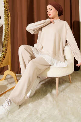 Pazarium - Mini Taşlı Fırfırlı Tunik İkili Takım Bej