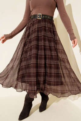 Pazarium - Kemerli Ekoseli Şifon Etek Kahve