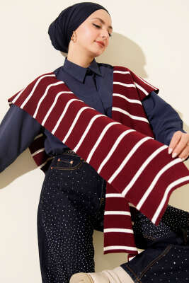 Pazarium - Çizgili Triko Omuz Şalı Bordo