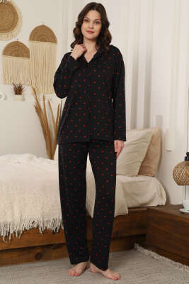 Pazarium - Puantiye Desenli Düğmeli Pijama Takımı Siyah Kırmızı