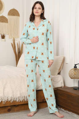 Pazarium - Ayıcık Desenli Düğmeli Süet Pijama Takımı Su Yeşili