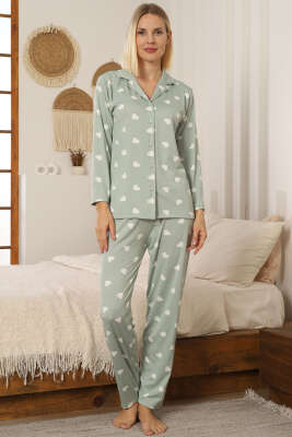 Pazarium - Kalp Desen Düğmeli Pijama Takımı Çağla Yeşili