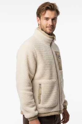 Pazarium - Göğüs Cepli Fermuarlı Peluş Erkek Mont Krem