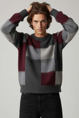 Pazarium - Kare Desen Yumoş Triko Erkek Kazak Bordo