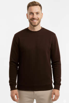 Pazarium - Oversize Üç İplik Erkek Sweatshirt Kahve