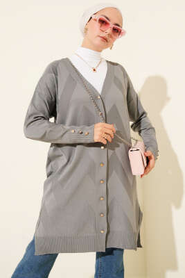 Pazarium - Zigzag Desenli Düğmeli Merserize Hırka Gri