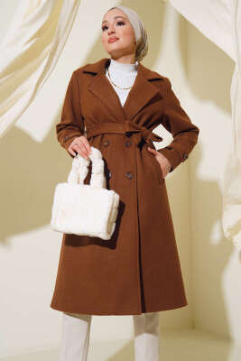 Pazarium - Kruvaze Yaka İki Düğmeli Kaşe Kaban Taba