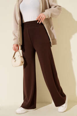 Pazarium - Bol Paça Geniş Bel Lastikli Pantolon Kahve