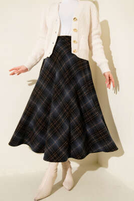 Pazarium - Ekose Desenli Kloş Kaşe Etek Gece Mavisi