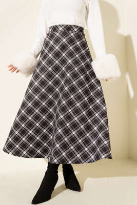 Pazarium - Bel Lastikli Ekoseli Scuba Etek Siyah