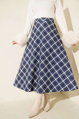 Pazarium - Bel Lastikli Ekoseli Scuba Etek Lacivert