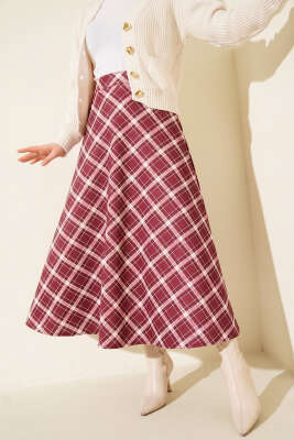 Pazarium - Bel Lastikli Ekoseli Scuba Etek Gül Kurusu