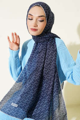 Pazarium - Desenli Ribanalı Demore Şal Lacivert Gri